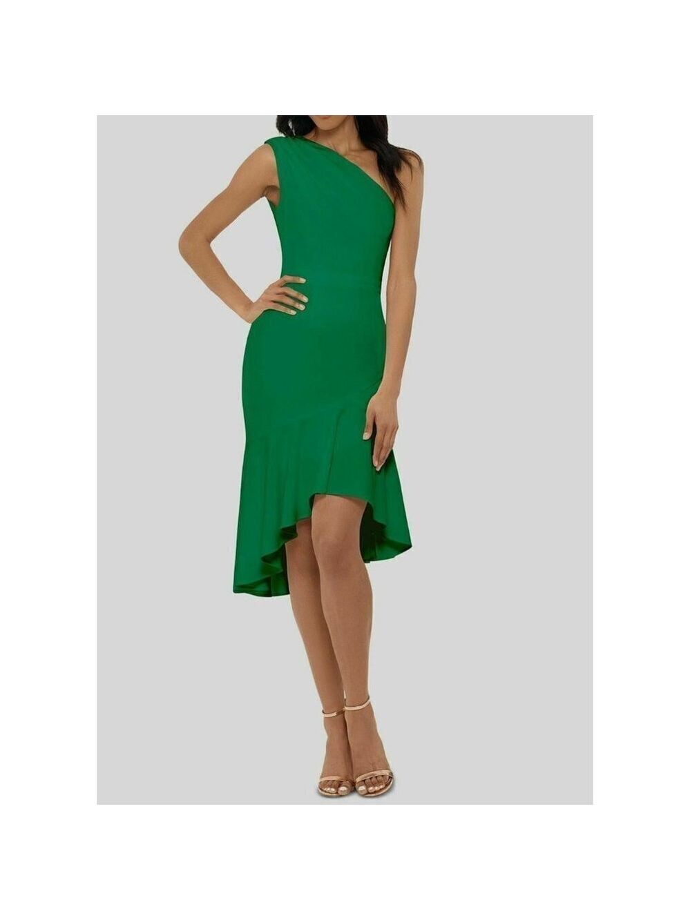XSCAPE One-Shoulder Flounced High-Low Hem Bodycon Green Dress Size 2 Ret…